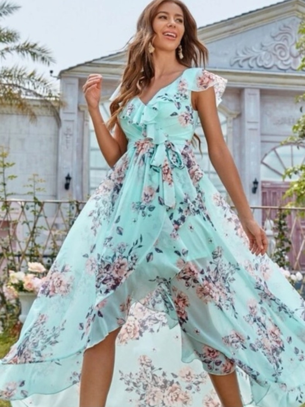 Floral Ruffled V-Neck Mint Maxi Dress